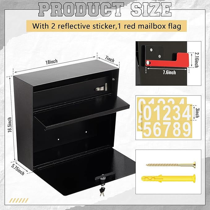 Extra Large Wall Mount Mailboxes for Outside 18 x 16.5 x 7 Inches Locking Security Mail Box Galvanized Steel Wall Mailbox Large Capacity Post Box with Key Lock and Reflective Stickers(Black)