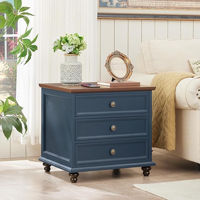24" Wide Farmhouse Night Stand Set of 2,Large End Table with 3 Drawers & Metal Handle,Blue Wood Dresser for Bedroom Cabinet, Bed Side Table Chest of Drawers,Nightstand for Living Room,Closet