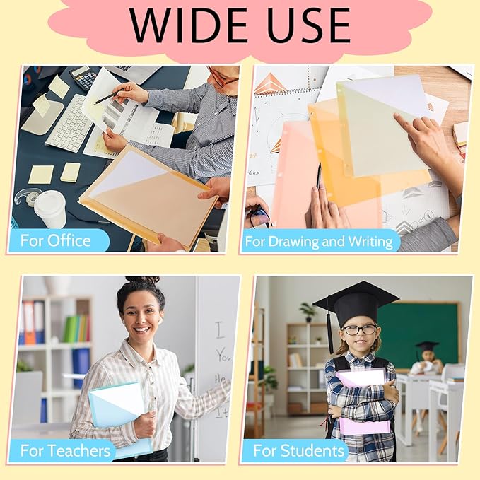 Maitys 50 Pack Binder Pockets 3 Hole Punch Clear Plastic Document Folders Binder Organizer Store Letter Size 8.5x11 Inch Paper Folders with Pockets Slash File Jacket for Office (Pastel Colors)