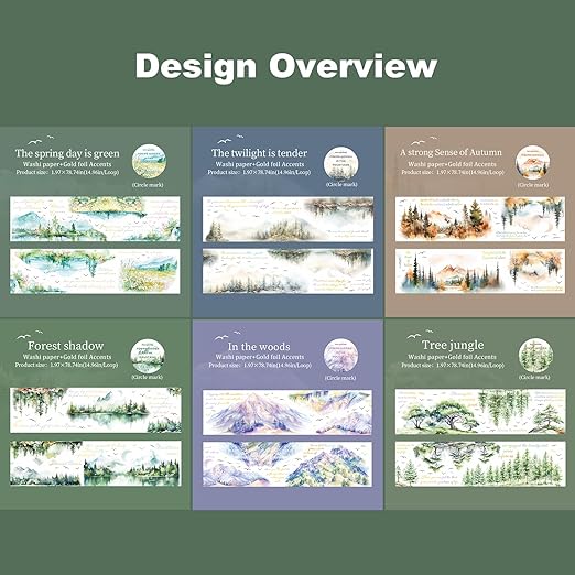 Mountain Forest Washi Tape Set, 6 Rolls with Poetic Text and Gold Foil Accents, Includes Clip for Scrapbooking, Journaling, and Planner Supplies