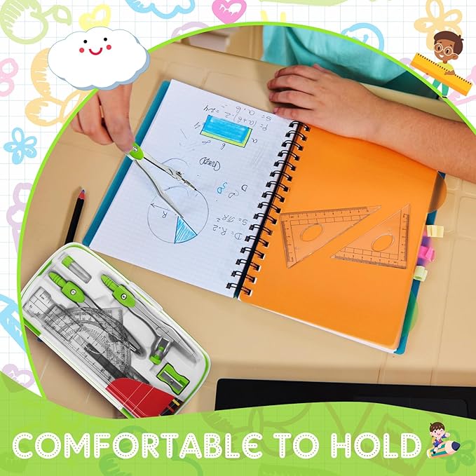 Teling 12 Sets Math Geometry Kit for Students 10 Pcs Compass Geometry Tools Set Includes Rulers Protractor Compass Eraser Pencil Sharpener Lead Refills Pencil (Green)