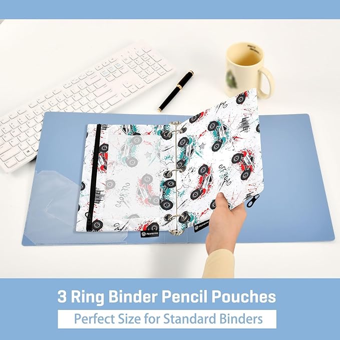 ZAZYXTJ Trucks Binder Pencil Pouchs 3 Ring with Zipper Clear Window Office Organizers bag for School Students Teacher Supplies 2 Pack