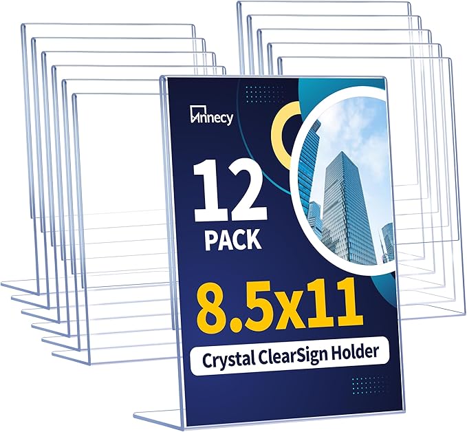 Annecy Sign Holder 8.5 x 11, 12 Pack, L Shape Plastic Clear Sign Stand for Display, Double-Sided, Slanted Back Design, Wide Use Plastic Material