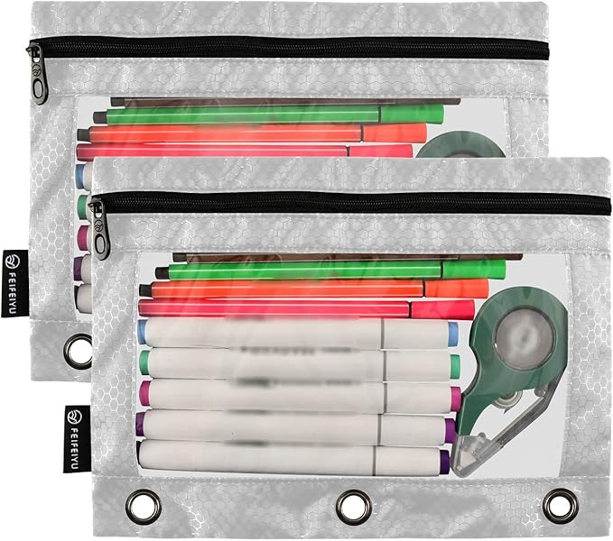 Gredecor Binder Pencil Pouch 3 Ring Grey Zipper Pencil Pouches Case 2 Pack Clear Window Binder Organizer for School Office
