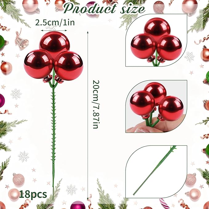 YIYA 18 PCS Christmas Tree Picks Ornaments Red Xmas Ornaments on Wired Stems Shatterproof Christmas Ball Picks Branches for Tree Vase Wreath Garland Indoor Outdoor Garden Holiday Party Decor