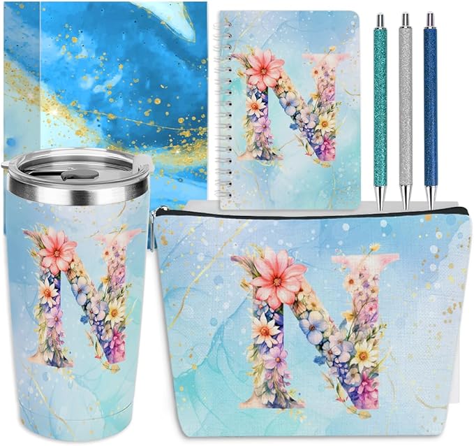 Personalized Gifts Monogrammed Birthday Gifts for Women, Colleague, Female Farewell Christmas, Initial 20 oz Tumbler, Makeup Cosmetic Bag Cup Pens Journal Notebook 6 Set, (Aesthetic Blue Flower N)