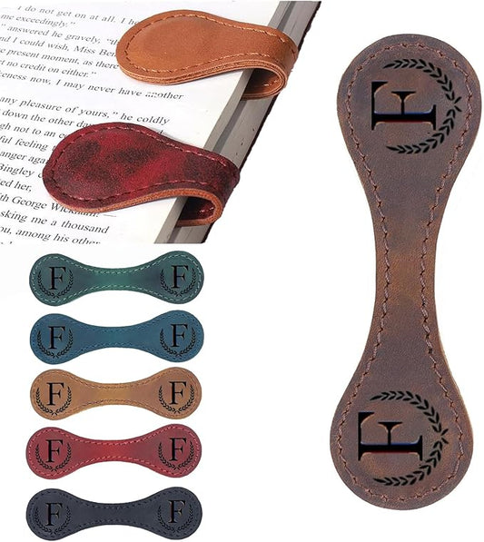 Personalized Magnetic Leather Bookmark, 26 Letters Custom Leather Bookmarks, Handmade, Leather Magnetic Bookmark for Book Lovers Readers Women Kid(Brown，F）