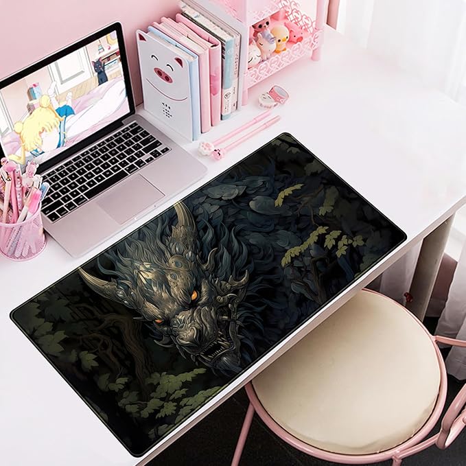Japan Black Desk Mat Dragon Anime Gaming Mouse Pad Large Desk Pad for Desk Computer Pc Laptop Office Decor for Men, Anime Mouse Keyboard Pad Stitched Edges Non-Slip Rubber Mat Desk Pad, 31.5x15.8 in.