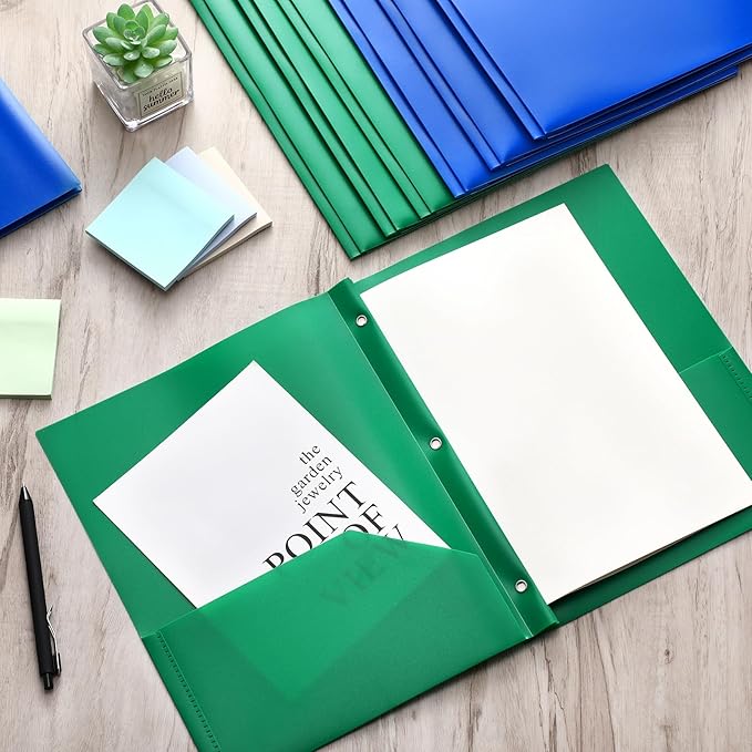 Patelai 48 Pcs Plastic Folders with 2 Pockets and 3 Prongs Home Folders with Card Slot Letter Size Heavy Duty Report Covers for Back to School(Blue, Green,Classic)