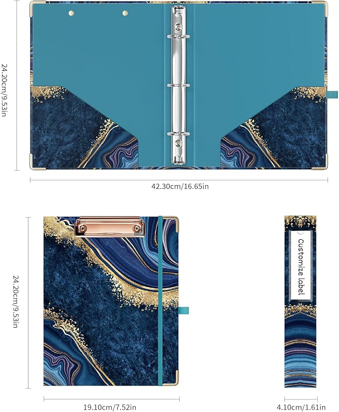 Ospelelf Mini 3-Ring Binder, 1 Inch, Cute Blue Marble Binder for 5.5" x 8.5", with 5 Tab Dividers, File Folder Labels and Low-Profile Clipboards, School and Office Supplies