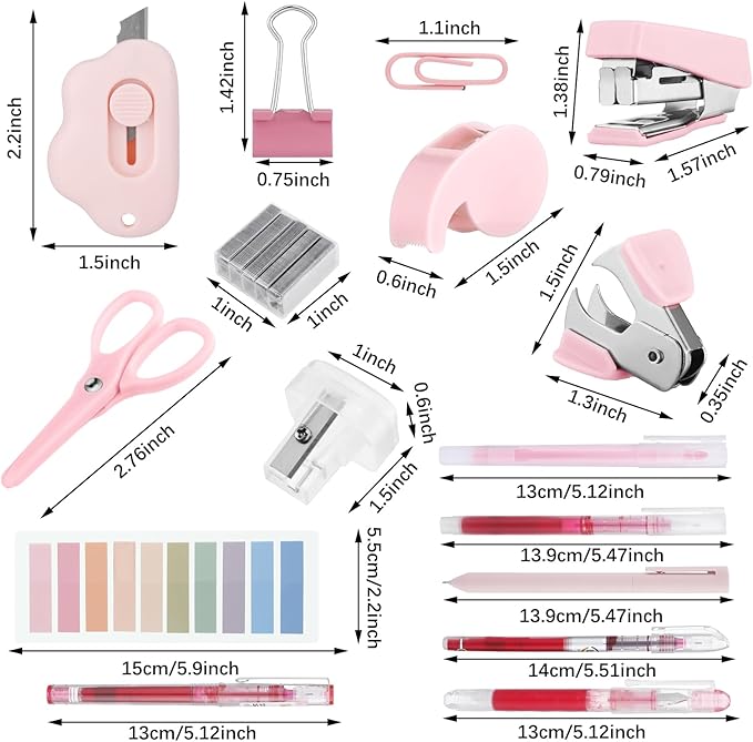 Colarr Mini Office Supply Kit Includes Stapler Tape Dispenser Staple Remover Paper Clips Scissor Staples Pen Sharpener Note Small Telescopic Knife for Office and School Clerk Student (Pink)