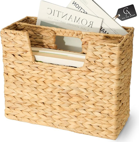 Wicker Magazine Basket, Handwoven Water Hyacinth Storage Bin & Organizer for Files, Books, Newspapers, Documents, Decorative Storage Bin with Handle for Office, Living Room, Dorm, Bathroom