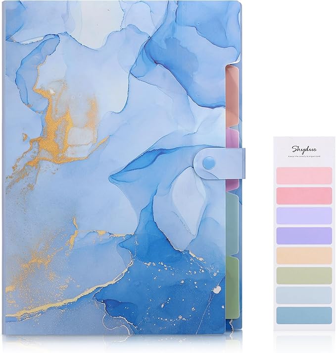 SKYDUE 5 Pockets Expanding File Folder, File Folders, Cute Accordion File Organizer with Labels (1 Pack, Blue)