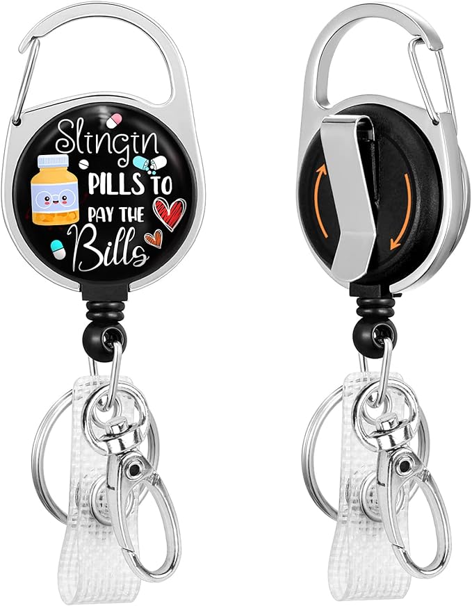 Gctriki Pharmacy Technician Badge Reel Retractable Heavy Duty with 360°Swivel Carabiner Clip, Pharmacist Pill ID Badge Holder, Nurse Doctor ID Card Holder Retractable Keychain Name Badge Clip