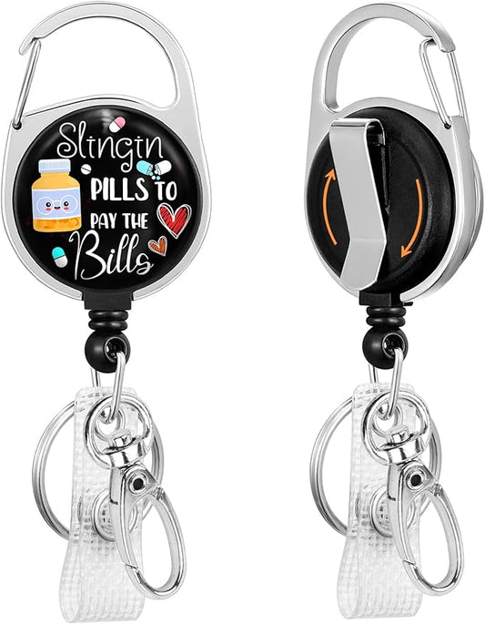 Gctriki Pharmacy Technician Badge Reel Retractable Heavy Duty with 360°Swivel Carabiner Clip, Pharmacist Pill ID Badge Holder, Nurse Doctor ID Card Holder Retractable Keychain Name Badge Clip
