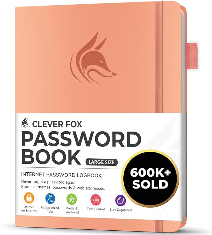 Clever Fox Password Book with alphabetical tabs. Internet Address Organizer Logbook. Large Password Keeper for Website Logins (Peach Pink)