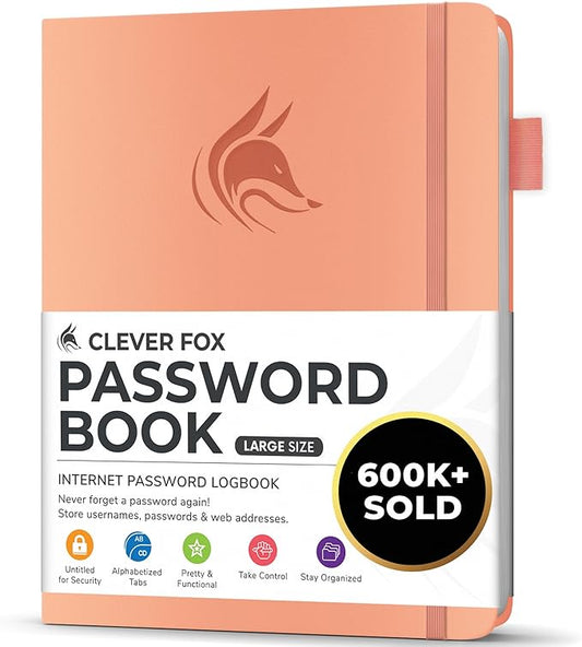 Clever Fox Password Book with alphabetical tabs. Internet Address Organizer Logbook. Large Password Keeper for Website Logins (Peach Pink)