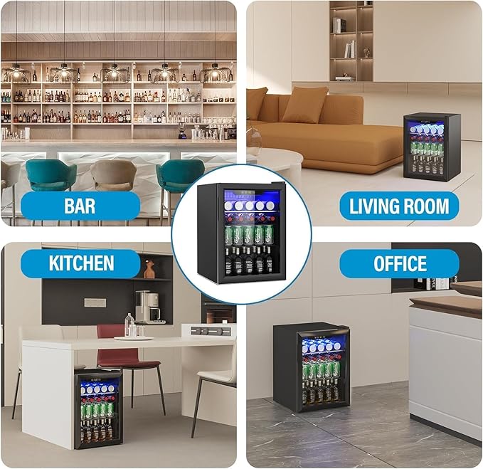 Compact Beverage Refrigerator, 95 Can/2.6 Cubic Feet Fridge with Glass Front Door for Soda, Beer or Wine, Under Counter Small Refrigerator with Adjustable Shelve & Digital Display(Black)