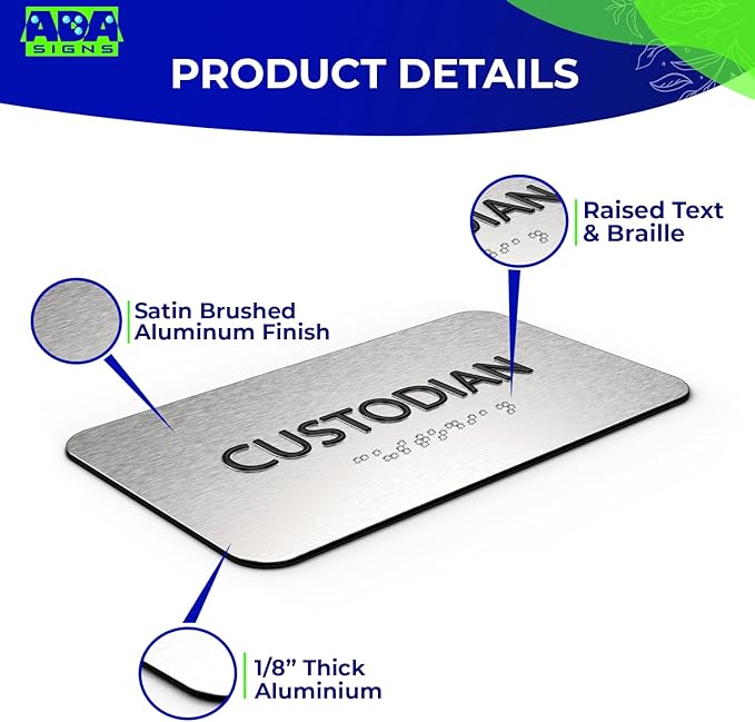 ADASigns Custodian Closet Sign 7" W x 4" H Durable Brushed Aluminum with Grade 2 Braille - Easy Installation with Adhesive Double Sided Tape - ADA Compliant Custodian Sign for Office & Businesses