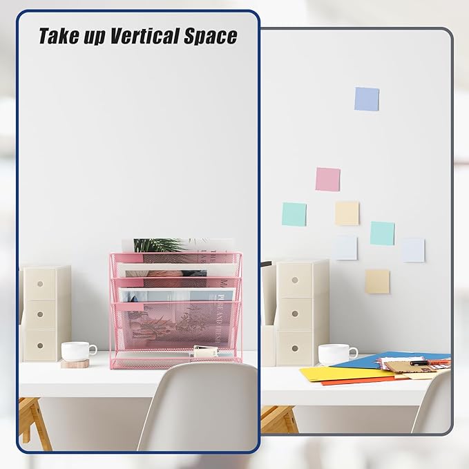 EASEPRES Desk File Organizer Mesh 4-Tier, Hanging Wall Mount Document Organization Stand, Desktop Vertical Mail Paper Folder Holder Rack with Bottom Tray for Office Home Cubicle Countertop, Pink