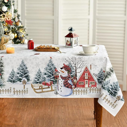 Horaldaily Christmas Tablecloth 52×70 Inch Rectangular, Winter Snowman House Christmas Trees Whirte Washable Table Cover for Party Picnic Dinner Decor