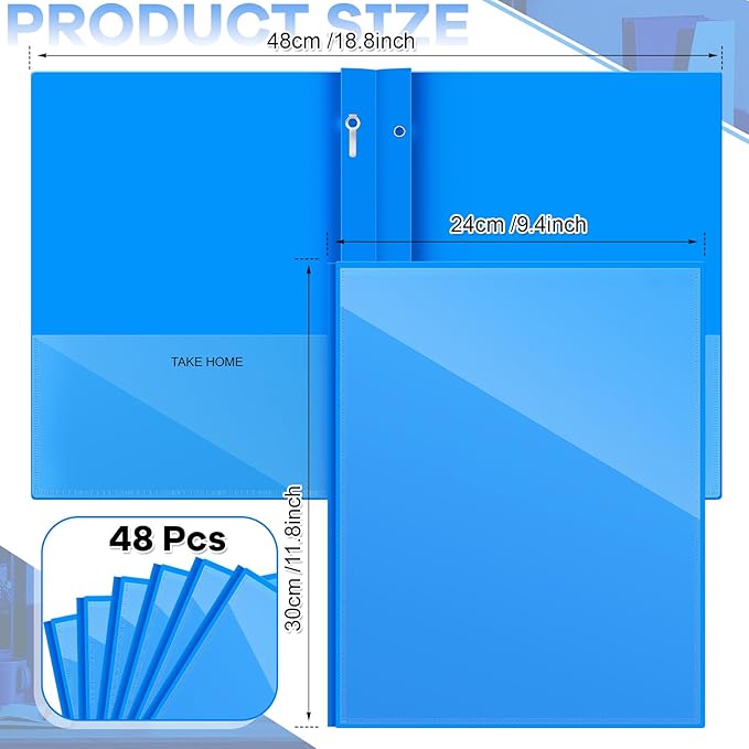 Henoyso 48 Pcs Plastic Folders with Clear Front Pocket and 3 Prong Take Home Plastic 2 Pocket Folder Back to School for Students Parent Teacher Communication for School Office (Blue)
