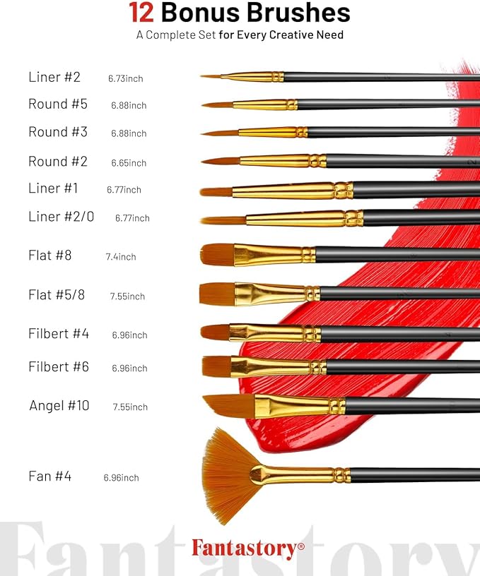 Fantastory Acrylic Paint Set, 24 x 60 ml with 12 Brushes; Christmas Acrylic Paint, Waterproof; For Artwork & DIY Projects on Canvas, Wood, Glass, Clay, Fabric, Ceramic, Paper, Canvas