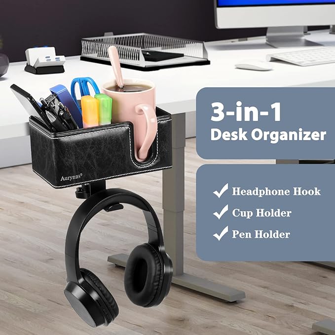 Desk Cup Holder Clip on Pen Holder Headphone Hanger Headset Stand Rotatable Clamp Hook Under Desk (Black)