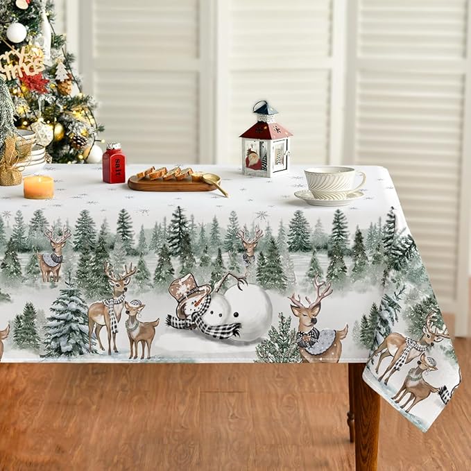 Horaldaily Christmas Tablecloth 60×140 Inch Rectangular, Deers Snowman Trees White Washable Table Cover for Party Picnic Dinner Decor