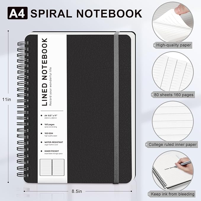 Lined Spiral Journal Notebook, A4 Hardcover Leather Notebook for Work, 8.5''×11'', 100GSM Thick Paper Spiral Bound Journaling Notebooks for Women & Men Office School Note Taking Business, Black