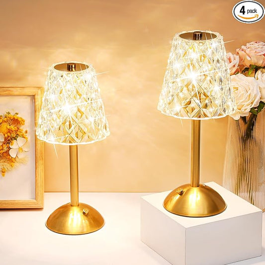 Liliful 4 Pcs LED Portable Cordless Table Lamp Touch Battery Operated Rechargeable Gold Desk Lamp 3 Color Dimmable for Bedroom Living Room Dining (Gold,Diamond Style)