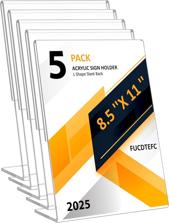 Acrylic Sign Holder 8.5x11 Inches 5 Pack, L Shape Clear Plastic Display Stand, Table Sign Holder Menu Flyer Paper Sign Holders 8.5x11 for Restaurants, School, Office, Store