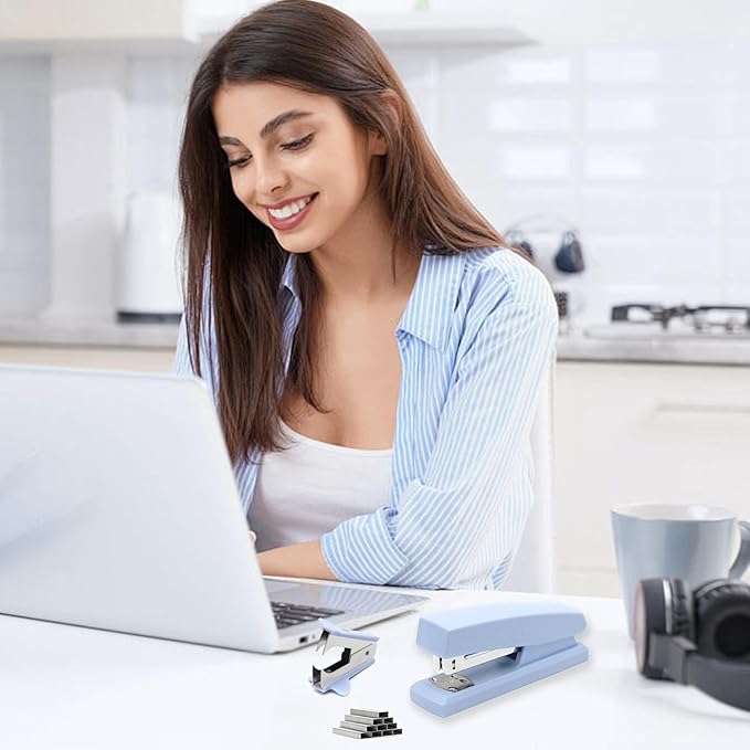 2 Pack Blue Office Staplers, 25-Sheet Capacity with 4000 Staples and 2 Staple Removers, Desktop Stapler, Blue Office Supplies for Students and Office Clerks