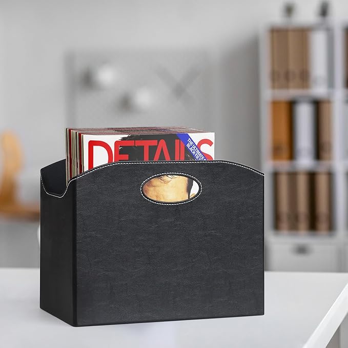 EZDeco Magazine Holder Foldable Magazine Rack Floor PU Leather File Holder Newspaper Book Storage Basket Document File Folder Organizer for Office Home