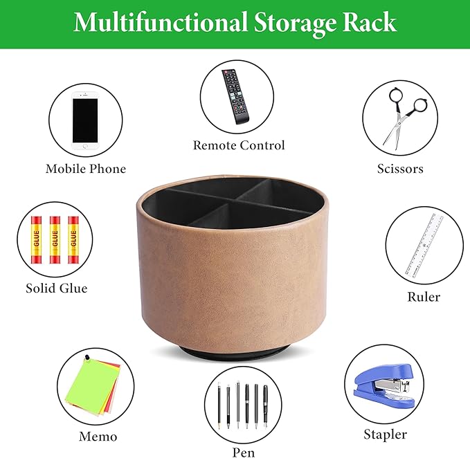 Hennaja Round Leather Art Supply Organizer,Remote Control Holder,360 Degree Spinning,Multi-Functional Pencil Holder,4 Compartments Desktop Stationary Organizer(1-Oil Yellow)