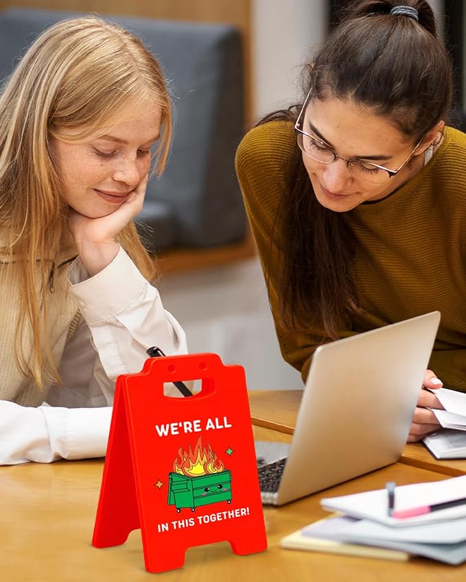 Dumpster Fire Desk Accessories Mini Sign - Funny Office Gifts for Coworkers Friends, Employee Appreciation Gifts, We're All in This Together Caution Desk Sign