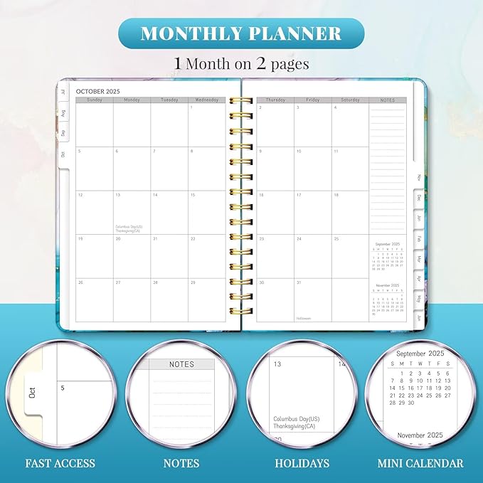 Lonely Oak Academic Planner 2025-2026, Daily Weekly and Monthly Calendar Planner 6.18" x 8.5" with Tabs, Spiral School Year A5 Agenda from JUL.2025 to JUN.2026 for Student and Teacher (Cyan Marble)