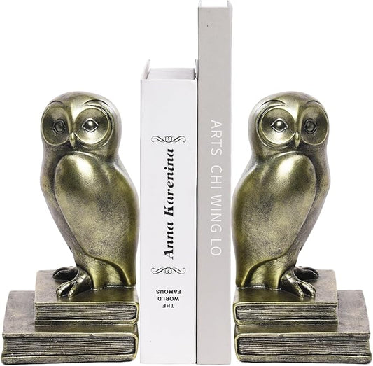 Vintage Gold Owl Bookends,Resin Animal Decorative Book Ends for Shelves,Book Holder with Anti-Slip Base,Luxurious Bird Bookends for Kids Rooms Office Home Decor,Unique Book Lover Gift