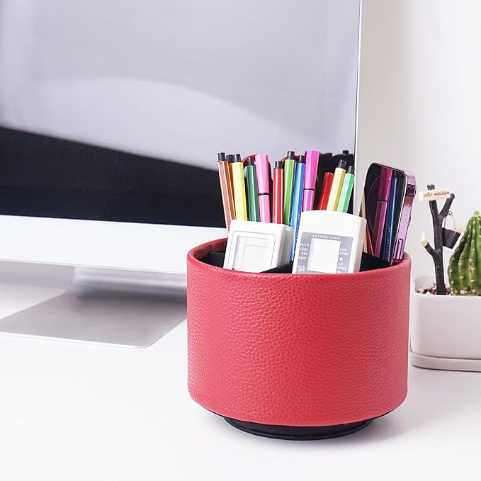 Hennaja Round Leather Art Supply Organizer,Remote Control Holder,360 Degree Spinning,Multi-Functional Pencil Holder,4 Compartments Desktop Stationary Organizer(1-Lichee Red)