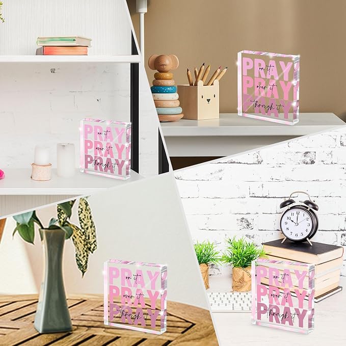Pink Inspirational Decor Pray Over It Bible Verse Wall Art Christian Gifts for Women, 4x 4 Inches Office Desk Accessories Decor Sign, Pink Dorm Room Decoration for Women - Pray on it Pray through it