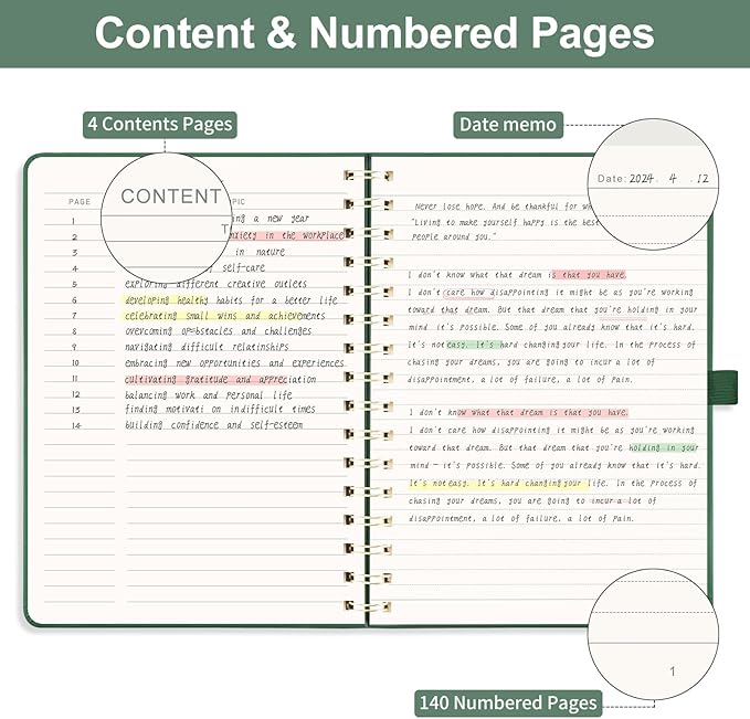 EMSHOI Lined Spiral Journal Notebook for Women & Men, 140 Numbered Pages, College Ruled Hardcover Notebook for Work & Note Taking, Journals for Writing, B5(7.48"x10.15") - Dark Green