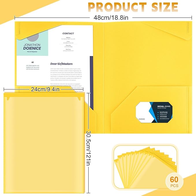 Henoyso 60 Pcs Plastic Folders with Clear Front Pockets Heavy Duty File Folders with 2 Pockets and Card Slot for Student Communication School Office Presentation Report (Yellow)