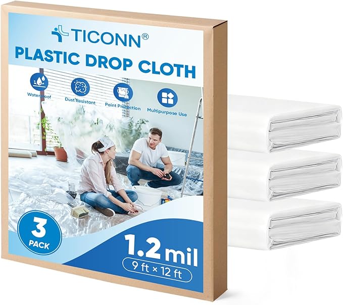 TICONN 12 x 9 Ft Plastic Drop Cloth for Painting, Waterproof Painters Plastic Sheeting, Painting Tarp for Furniture Cover, Floor Protection (3PK, 1.2Mil)
