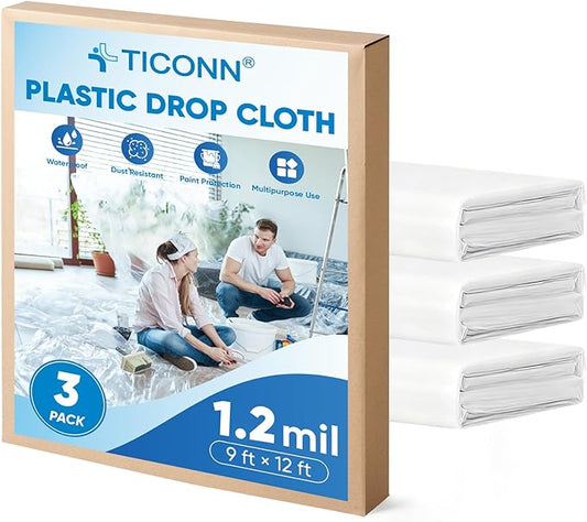 TICONN 12 x 9 Ft Plastic Drop Cloth for Painting, Waterproof Painters Plastic Sheeting, Painting Tarp for Furniture Cover, Floor Protection (3PK, 1.2Mil)