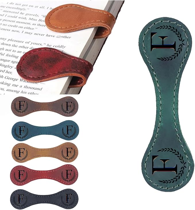 Personalized Magnetic Leather Bookmark, 26 Letters Custom Leather Bookmarks, Handmade, Leather Magnetic Bookmark for Book Lovers Readers Women Kid(Green，F）