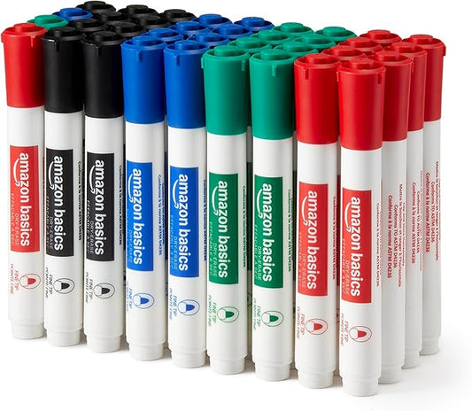 Amazon Basics Low-Odor Dry Erase Whiteboard Markers, Fine Tip, 4 Assorted Colors, 36 Count
