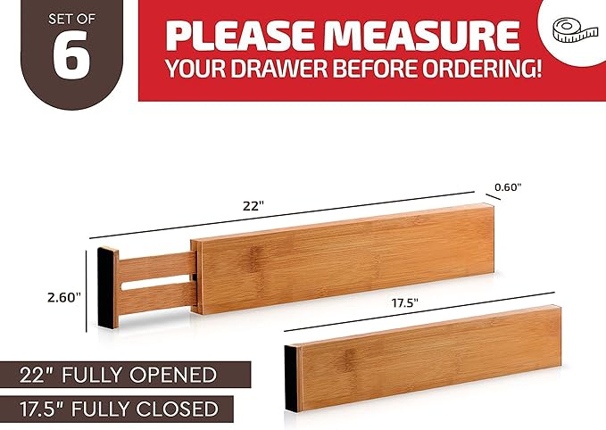 Large Kitchen Drawer Organizer - Expandable Bamboo Drawer Dividers (17" - 21.5") - Adjustable Separators for Kitchen, Clothes, Dresser, Bedroom, Bathroom, and Desk Drawers - 6 Pack