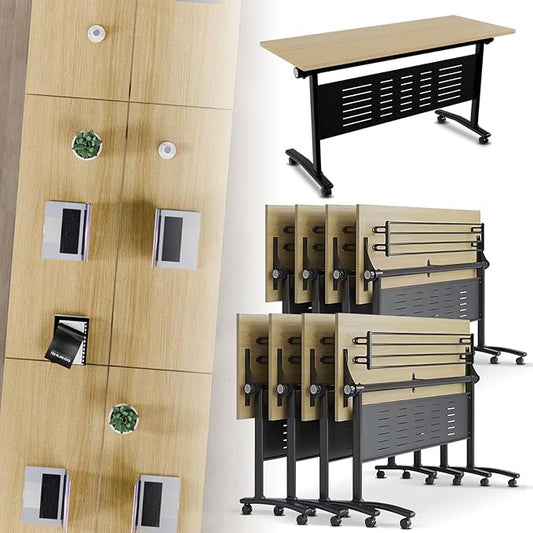 Folding Conference Room Table, Modern Conference Tables with Wheels, Large Rectangular Mobile Training Tables for Office Classroom, Foldable Modular Boardroom Seminar Table Maple (10pack L47.2in)
