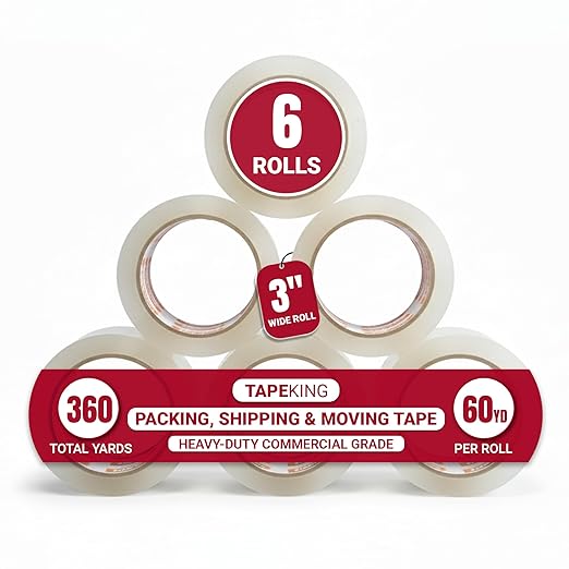 Tape King Clear Packing Tape | 60 Yards Per Roll (6 Rolls) | 3 Inch Wide Heavy Duty Packing Tape 2.7mil Strong Adhesive for Moving Boxes, Shipping Cartons, Office Use, Storage (360 Yards)