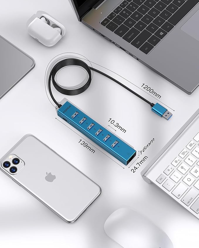 7 Ports USB 3.0 Hub, USB to Network HUB with 3.9ft Long Cable for Laptop, USB Splitter with Gigabit Ethernet Port and 5V/3A Power Port, MultiPort Aluminum Hub for iMac, PC, Flash Drives (Blue)